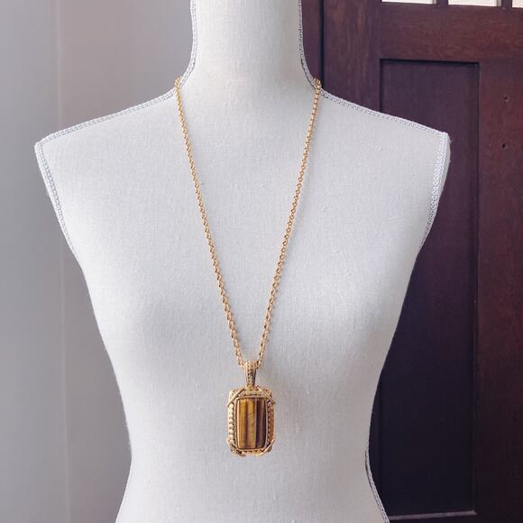 Signed Joan Rivers Tiger Eye Hinged Bail Pendant Gold Tone Necklace 33" Vintage - Picture 5 of 14